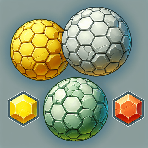 Create a set of hexagonal, rock-like balls for a cannon shooting game. Each ball should have a slightly beveled edge, giving it a 3D stone-like appearance with light shading and highlights. The balls should come in three distinct colors: Yellow, Red, and Green, each representing different power-ups or game functions. The texture should resemble polished stone but slightly rough, with subtle cracks or imperfections for realism.".
Single Game Texture.  In-Game asset.  2d.  Blank background.  High contrast.  No shadows