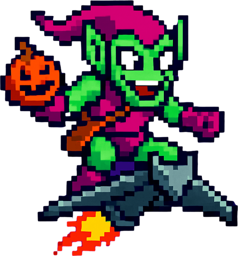 flying pixel art green goblin.
In-Game asset.  2d.  High contrast.  No shadows