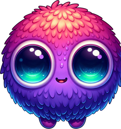 Round furry, cute alien ball with big eyes. vivid colours, looking at 45 degrees to the right.
Single Game Texture. In-Game asset. 2d. Blank background. High contrast. No shadows.