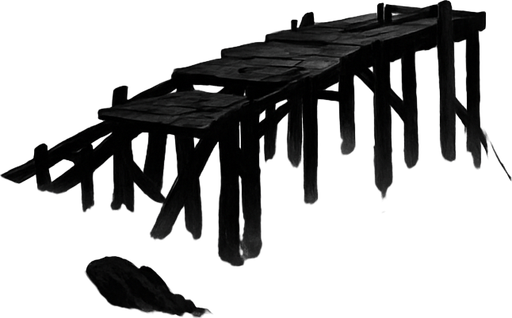 Stormy medieval coastline with jagged rocks and crashing waves, an old broken pier, sea mist, overcast skies, crows circling, moody and realistic.
In-Game asset.  2d.  High contrast.  No shadows