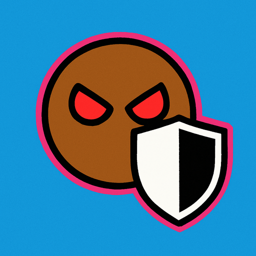 Brown simple circular enemy seen from above, pink outline. red eyes, with a single shield in-font of it. Black and white only. Blue background..
In-Game asset.  2d.  High contrast.  No shadows