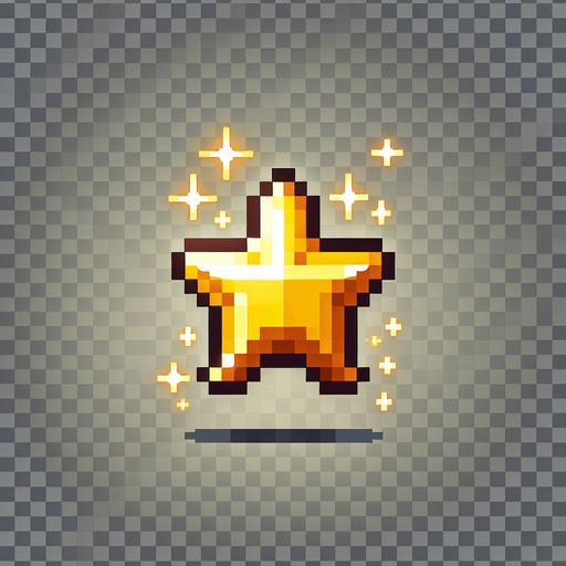 A small, glowing golden star collectible in pixel art style. Shiny with a subtle sparkle effect, floating slightly above the ground. Simple and bright, easy to spot during fast gameplay. Designed to reward players for precision jumping. Transparent background..
Single Game Texture.  In-Game asset.  2d.  Blank background.  High contrast.  No shadows