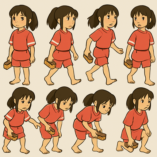 Pack of complete body frames of girl Chihiro character from "spirited a way" movie. without shoes, holding small rectangle hand Scrubbing Brush with color brown and yellow, her feet are dusty a bit from bottom
In-Game asset.  2d.  High contrast.  No shadows. no broom