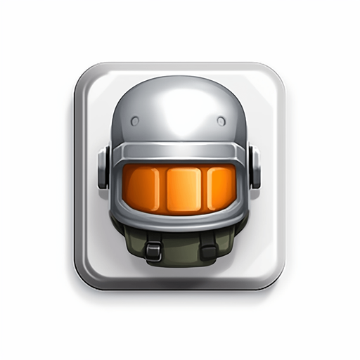 Single square button with soldier helmet on it. Metal button
Game Texture. In-Game asset. 2d. Pixelart. White background. Blank background. Low detail. High contrast.