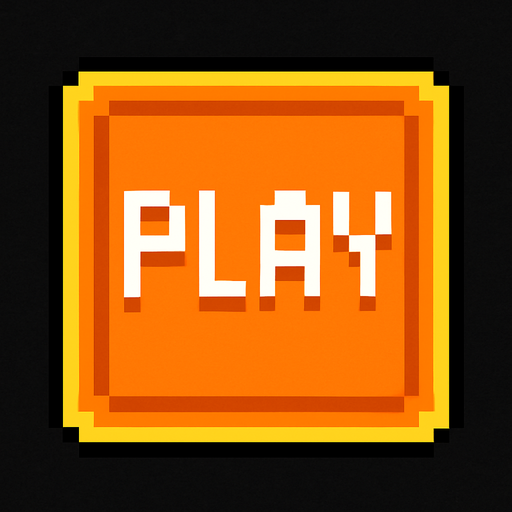 un boton cuadrado hecho con pixeles que dice play.
In-Game asset.  2d.  High contrast.  No shadows