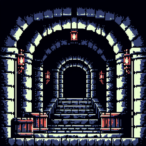 8 bit image dark castle corridor cartoon style.
Single Game Texture.  In-Game asset.  2d.  Blank background.  High contrast.  No shadows