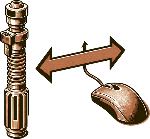 Brown Lasersaber in vertical position, next to it the same horizontally. In between, there is a back-and-forth arrow and a computer mouse..