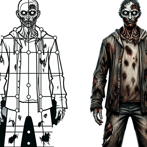 Игрок в стиле зомби апокалипсиса.
Single Game Texture. In-Game asset. 2d. Blank background. High contrast. No shadows.