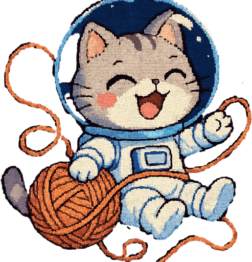 A cute kitten, illustrated in an adorable chibi anime style and wearing an astronaut suit, is playfully tangled in a ball of yarn, floating through space with overwhelming joy. Its eyes are shut tight in pure happiness, and its movements are full of energetic delight.