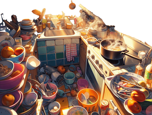 dağınık bir mutfak, odanın içinden görünüm. 3d renkli anime, çizgi film