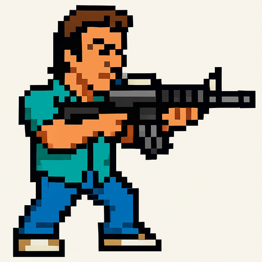 tommy vercetti de gta vice city hecho con pixeles apuntando con un rifle de asalto m4 con la perspcetiva lateral.
In-Game asset.  2d.  High contrast.  No shadows