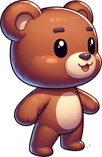 A cute brown teddy bear from his right profile, standing, looking to the right direction and smiling with his hands in front of him. Feeric style. No background. No shadows. No back light. High contrast. Single Game Texture. In-Game asset. 2d.