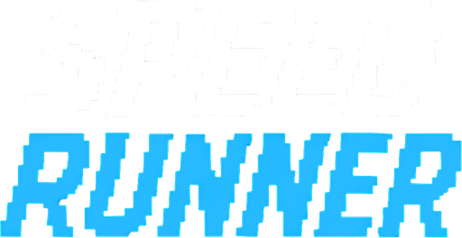 letras que dicen speed runner las letras speed tienen un color blanco con contorno negro y las letras runner un color celeste con un contorno azul todo hecho con pixeles y con una cursiva.
In-Game asset.  2d.  High contrast.  No shadows