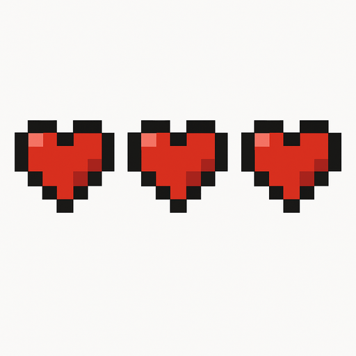 3 minecraft heart.
In-Game asset.  2d.  High contrast.  No shadows