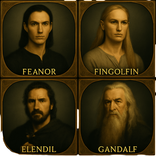 Tamamen aynı stil aynı çerçeve aynı boyut ve aynı biçimi kullan ancak Feanor (Sakalsız yüce elf), Fingolfin (Sarışın uzun saçlı elf), Elendil, Gandalf ı yap