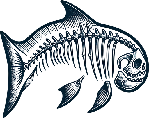 Very basic skeleton of a fish with a fin and shark head.