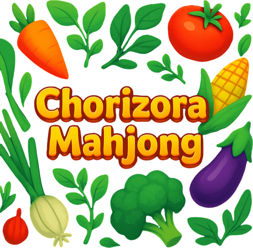 Mahjong game background of vegetables and plants, have text in the middle of it "Chorizora mahjong".
In-Game asset.  High contrast.  No shadows. 3D