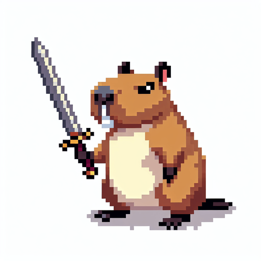 Capibara con una espada y pixelado.
Single Game Texture.  In-Game asset.  2d.  Blank background.  High contrast.  No shadows