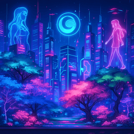 Neon cyberpunk anime city skyline futuristic holograms