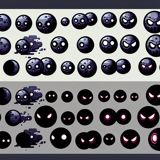 A sprite sheet of evil dark and dangerous looking planets with their eyes closed and their eyes open..
Single Game Texture. In-Game asset. 2d. Blank background. High contrast. No shadows.