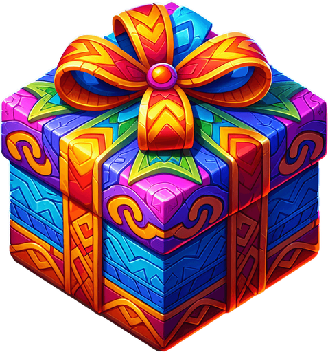 gift wrapped box, vivid colours. with bow on top Single Game Texture. In-Game asset. 2d. Blank background. High contrast. No shadows. Single Game Texture. In-Game asset. 2d. Blank background. High contrast. No shadows.