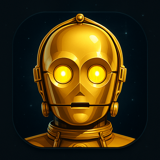 A clean and stylized game or app icon featuring only the head of C-3PO from Star Wars. His shiny golden metallic head is centered in the frame, with detailed mechanical textures, round glowing yellow eyes, and signature head plating. The background is dark and minimal, possibly with a soft sci-fi glow or subtle starfield, to enhance contrast and clarity. The composition is tight and symmetrical, designed to be easily recognizable at small sizes. Square or circular format, 1024x1024 resolution, high detail, sci-fi concept art style, iconic and polished..
In-Game asset.  2d.  High contrast.  No shadows