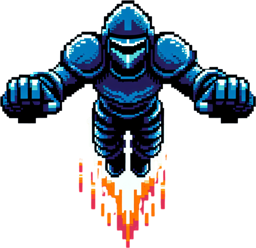 a blue iron man style armor flying horizontally.
Retro gaming style