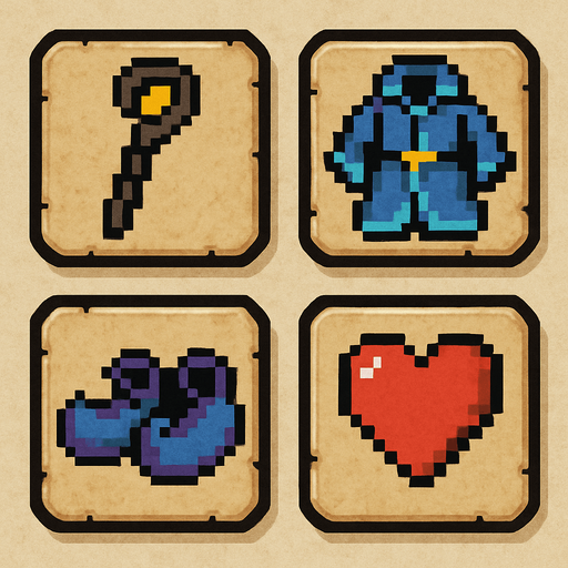 Four square cards with rounded, embossed edges with parchment texture for background. One shows an icon of wizards staff, one shows an icon of a wizards robe, one shows an icon of a pair of wizards slippers and one shows an icon of a heart. Pixelated retro video game art..
In-Game asset.  2d.  High contrast.  No shadows