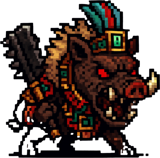 Genérame una Pecari de collar guerrero azteca con eso patrones, estilo pixelar, con una apariencia maligna, ojos rojos, rabioso. Unidad cuerpo a cuerpo.
In-Game asset.  2d.  High contrast.  No shadows