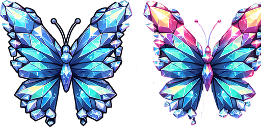buttorfly，crystal.
Single Game Texture. In-Game asset. 2d. Blank background. High contrast. No shadows.