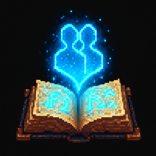 "2D pixel art of a glowing blue clone symbol emerging from an open magical book. The book is ancient, with worn leather covers and glowing runes on its pages. The clone symbol appears to float above the book, made of shimmering blue magical energy, slightly transparent and radiating light. The symbol has a mirrored silhouette or double shape to suggest duplication or cloning. The style is fantasy-themed, suitable for a magic RPG icon or visual effect. Lighting is soft but magical, with a focus on the glowing blue symbol. Classic 16-bit pixel art style. Transparent background.".
In-Game asset.  2d.  High contrast.  No shadows