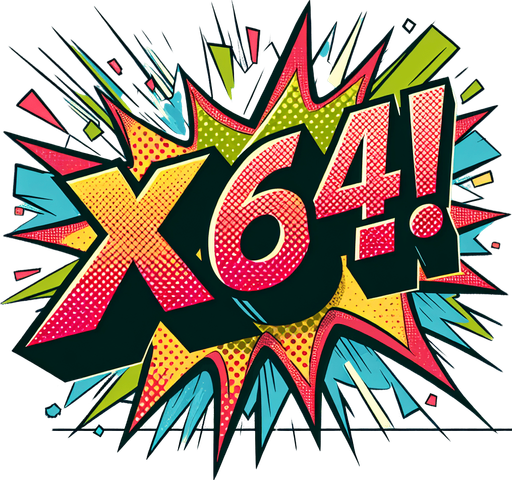 text popup "x64!".
comic style