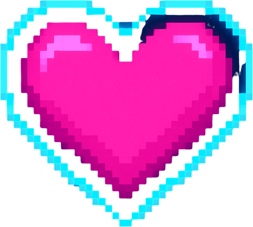 Neon pink heart. Pixel art style. Slight neon blue outer glow.
In-Game asset.  2d.  High contrast.  No shadows