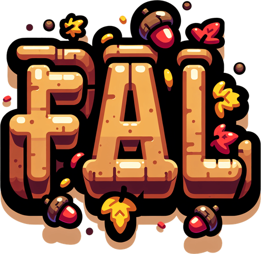 Create an SVG text design for "FALL" in bold cartoon style with chunky rounded letters. Add small falling leaves and acorn accents in warm autumn colors.​​​​​​​​​​​​​​​​.
Single Game Texture. In-Game asset. 2d. Blank background. High contrast. No shadows.