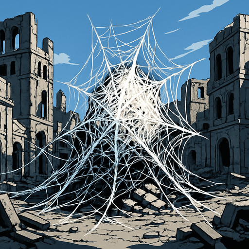 giant web nest at ruins of city
In-Game asset.  3d realistic cgi anime.  High contrast.  No shadows