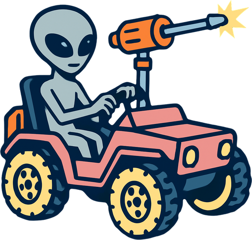 Grey alien driving a moon buggy space car with a laser cannon mounted on the roof.
In-Game asset.  2d.  High contrast.  No shadows
