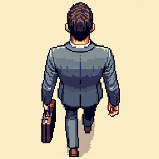 Directly overhead, plumb view of a business man heading top (we see his back). walinkg. empty hands..
Zenith view, directly overhead, plumb view. NOT PERSPECTIVE!. Pixel art
