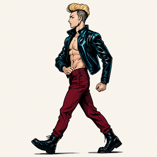 Swishy graceful man Cyberpunk manga, camera-facing arm bent In fro t of body, side profile view walking animation, shiny black leather biker jacket longsleeves shirtless Skinny abs blonde undercut pompadour guy, action shot wine red joggers combat boots, Background removed, "Full-body character, entirely in frame, no cropping of face, head, or feet" "Complete character visible, from head to toe, fully centered in the image" "Entire character, including hair and boots, fully within the frame" Character fully contained within a square frame, no edges cut off fashion model walking pose Style of vogue magazine