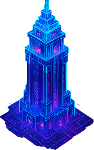 Massive futuristic neon hologram skyscraper top down isometric poking out of clouds from above elaborate cyberpunk architecture