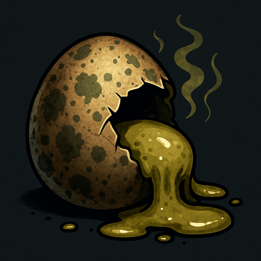 A high-resolution digital illustration of a rotten egg cracked open on one side, oozing a viscous, yellowish-green yolk and albumen. The shell is mottled with dark brown and green mold spots, with wisps of faint greenish gas rising. Textured detail on the shell’s rough, pitted surface, with subtle drips and splatters. Moody, low-key side lighting casts dramatic shadows and highlights the glossy, decaying textures. Semi-realistic style.
In-Game asset.  2d.  High contrast.  No shadows