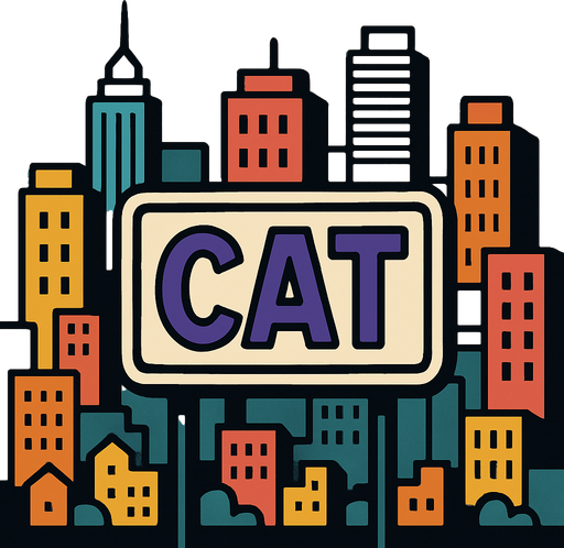 Şehir ve arkaplanında cat yazan bir tabela.
In-Game asset.  2d.  High contrast.  No shadows