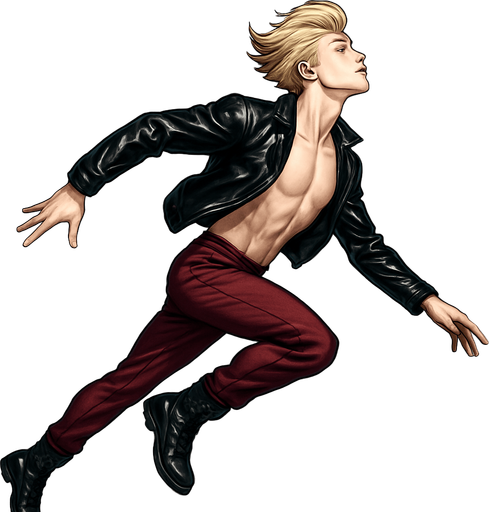 Swishy graceful man opposite arm and leg in front Cyberpunk manga, side profile view jumping pushing off the ground one leg extended one knee raises arms at sides loookkng skyward torpedo magic launching leap jump, shiny black leather biker jacket longsleeves shirtless Skinny abs blonde pompadour guy, wine red joggers combat boots, Background removed, "Full-body character, entirely in frame, no cropping of face, head, or feet" "Complete character visible, from head to toe, fully centered in the image" "Entire character, including face and boots, fully within the frame" Character fully contained within a square frame, no edges cut off fashion model idle pose