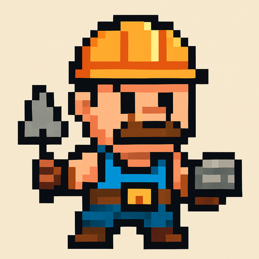 Genera una imagen de un albañil guerrero pixel, que su cabeza sea un poco más grande que su cuerpo, y que no tenga armas.
In-Game asset.  2d.  High contrast.  No shadows