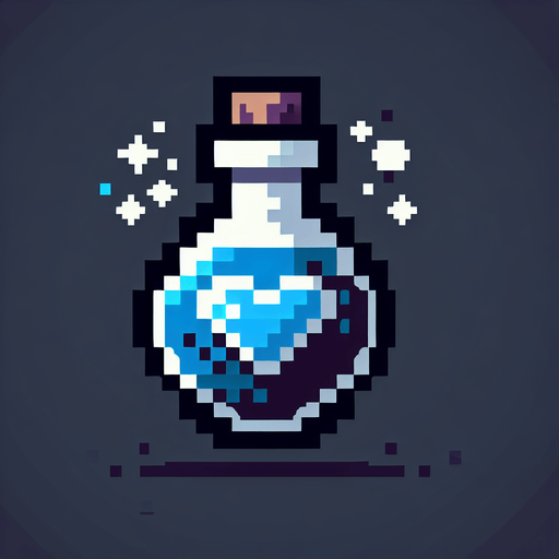 gothic pixel art potion with a blue heart symbol
Single Game Texture. In-Game asset. 2d. Blank background. High contrast. No shadows.
