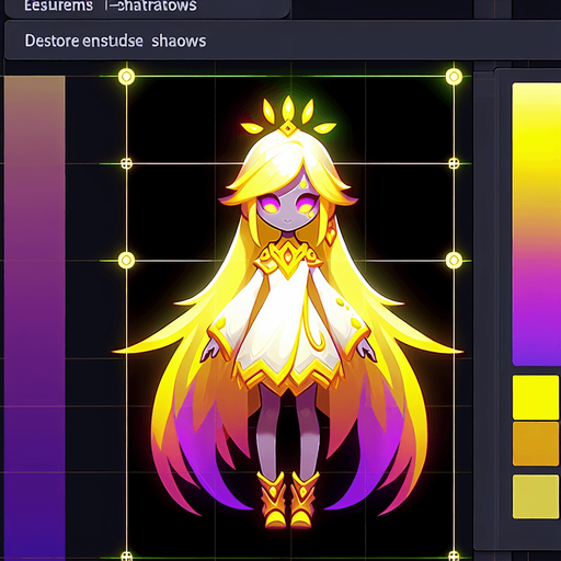 Doll fyn glowing yellow and purple.
Single Game Texture. In-Game asset. 2d. Blank background. High contrast. No shadows.