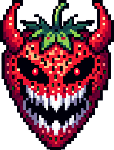 a demonic strawberry, pixel style.
Single Game Texture.  In-Game asset.  2d.  Blank background.  High contrast.  No shadows