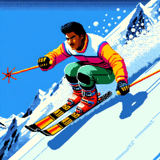 Man on skis.
Retro gaming style