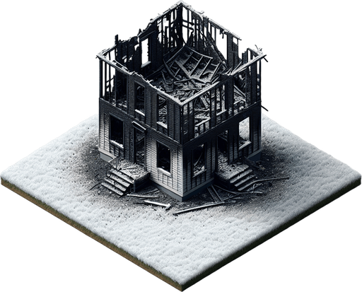 overhead view of charred remains of a completely burned down box house snowy lawn video game asset 2d blank background Single Game Texture. In-Game asset. 2d. Blank background. High contrast. No shadows.