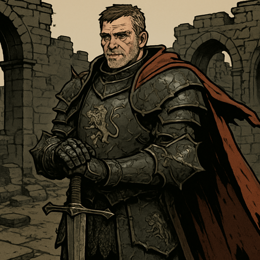 A weathered and noble medieval knight clad in dark iron armor engraved with thorns and lion insignias. Male, 52 years old, tall and broad-shouldered, with greying brown hair cut short, deep-set hazel eyes, and a strong jawline covered in stubble. A long, tattered crimson cape flows behind him. His armor is dented from countless battles. He stands in a ruined stone courtyard at dusk, gripping a massive longsword planted in the ground. Realistic, highly detailed, cinematic lighting. realistic.
In-Game asset.  2d.  High contrast.  No shadows