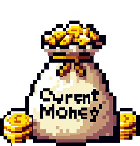 Genera una bolsa de monedas de oro que diga "current money" en pixel art.
Single Game Texture.  In-Game asset.  2d.  Blank background.  High contrast.  No shadows